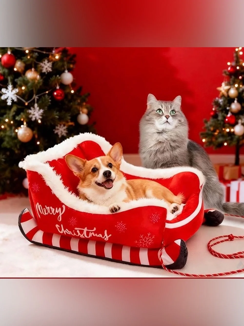 NWOT 2026 New Festive Plush Christmas Sleigh Cozy Dog Bed, Plush Cozy Dog Bed-S